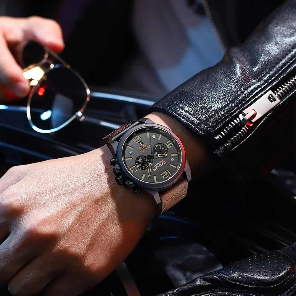 ساعات CADVAN للرجال من أفضل العلامات التجارية الفاخرة ساعة رياضية مقاومة للماء كرونوغراف كوارتز عسكرية من الجلد الأصلي