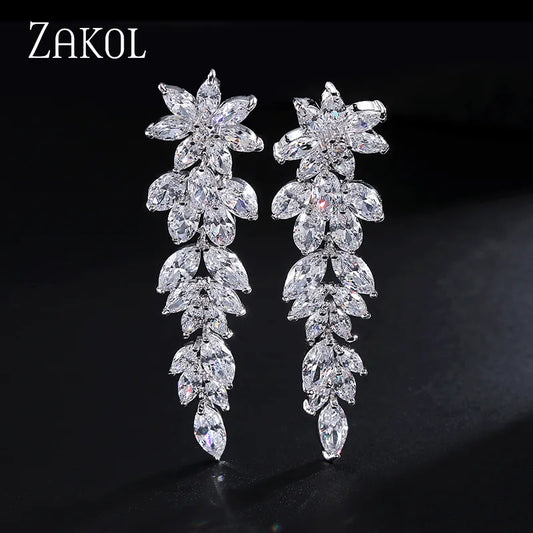 ZAKOL Luxury Gorgeous Marquise Cluster Flower Shape Cubic Zirconia Long Dangle Drop Earrings for Brides Wedding Jewelry EP005