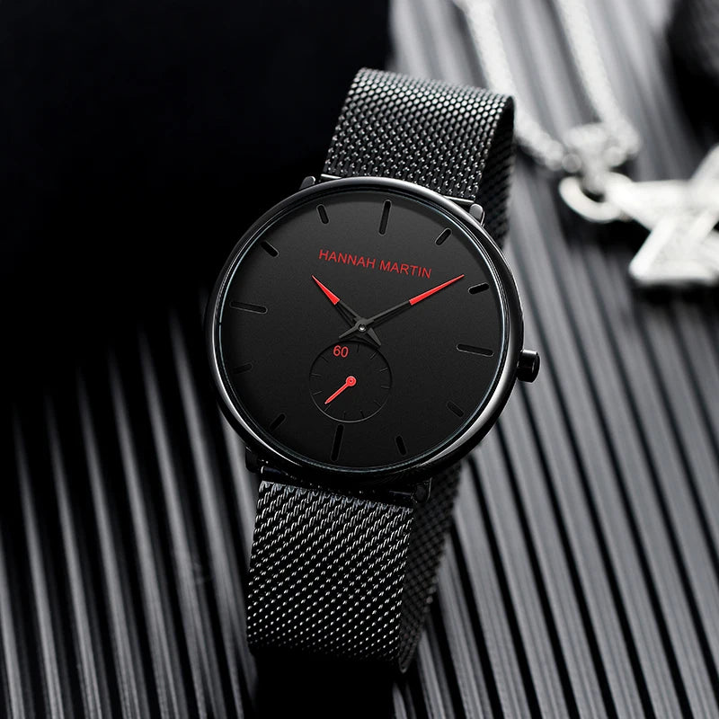 HANNAH MARTIN Mens Watches Top Brand Luxury Quartz Watch Men Casual Slim Mesh Steel Waterproof Sport Wristatchs RelogioMasculino