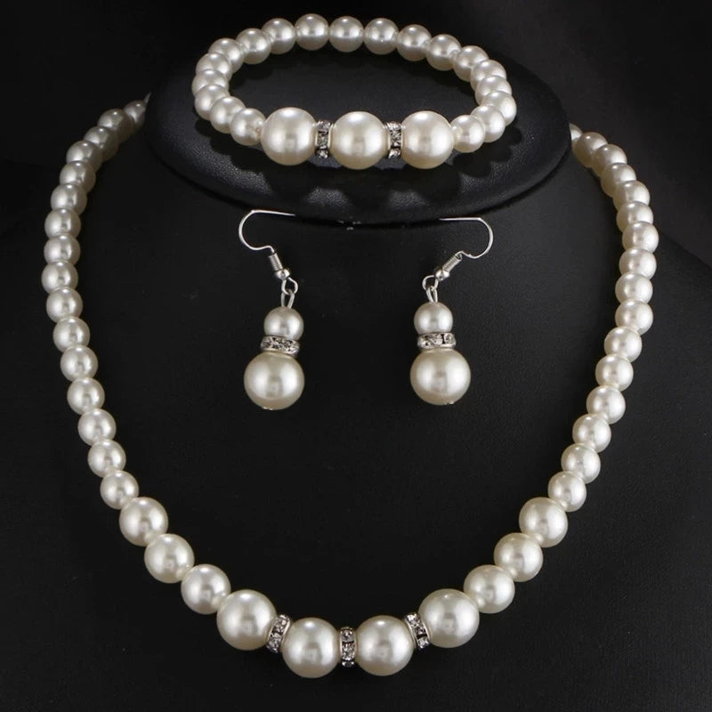 Wedding Engagement Women Simulated Pearls Jewelry Set Necklace / Earrings / Bracelets Fashion Jewelry For Lady Party Gift