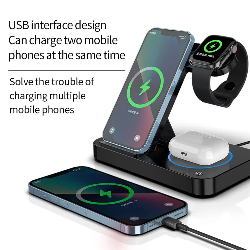 VIKEFON 30W 4-in-1 Wireless Charger Stand designed for convenient and fast charging. This foldable charging station supports iPhone 15, 14, 13, 12 series  and apple watch, and  It's also compatible with Samsung S24, S23, S22, S21 Galaxy devices.