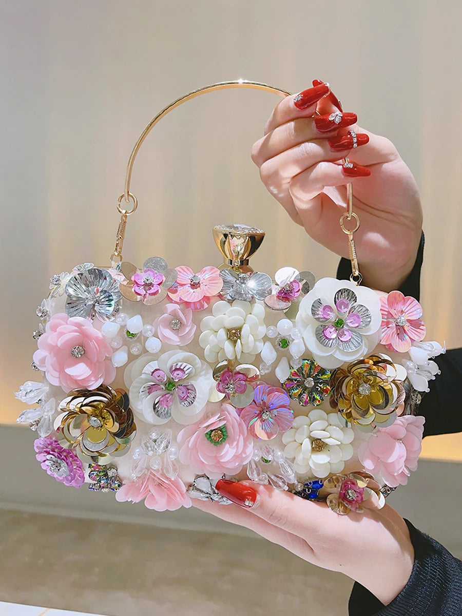 3D Beaded Flower Evening Bag, Elegant Box Clutch Purse, Women's Wedding Handbags For Party Prom