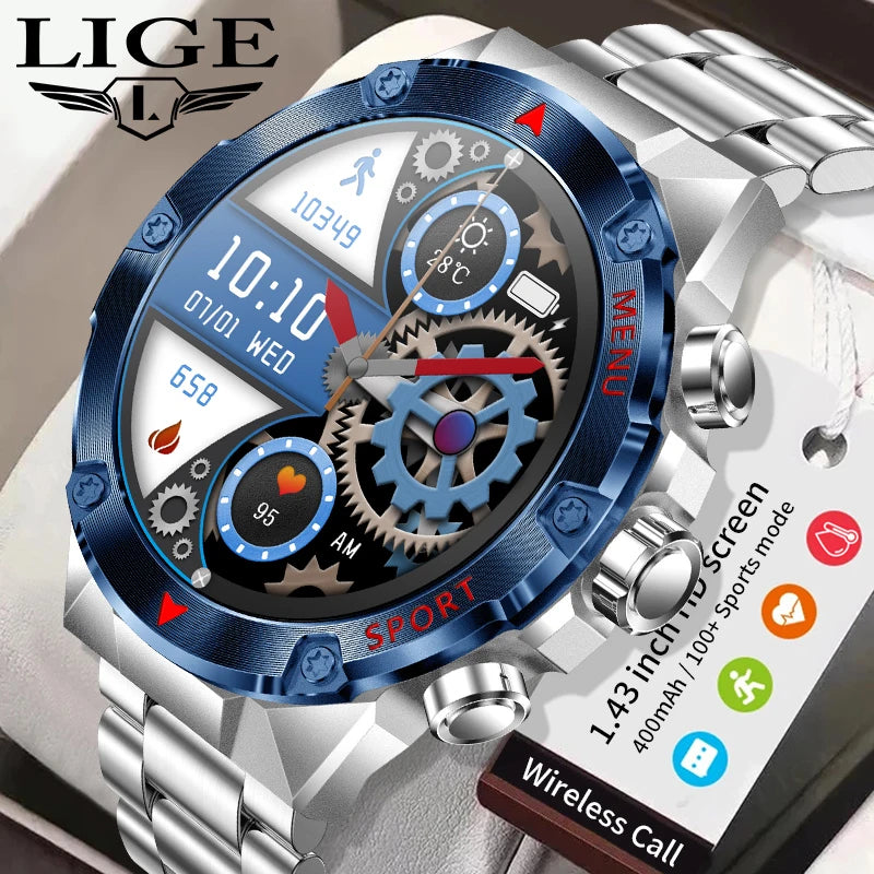 LIGE Bluetooth Call Smart Watch Men 1.43 Inch 466*466 HD AMOLED Screen Waterproof Sports Tracker Health Monitor Men Smartwatch