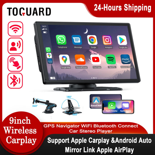 TOGUARD 9inch Car stereo Carplay Player Wireless Apple Mirror Link& Android Auto Car Screen Displayer Touch Screen GPS Wifi BT