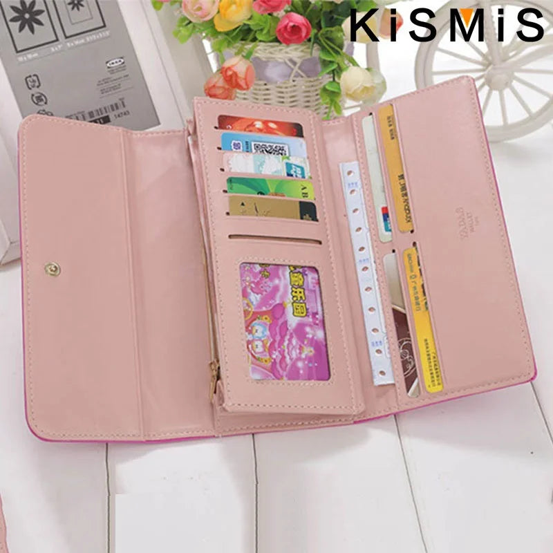 KISMIS Wallets for Women Cute Pink Pocket Womens Wallets Purses Plaid PU Leather Long Wallet Hasp Phone Bag Money Coin Pocket Ca