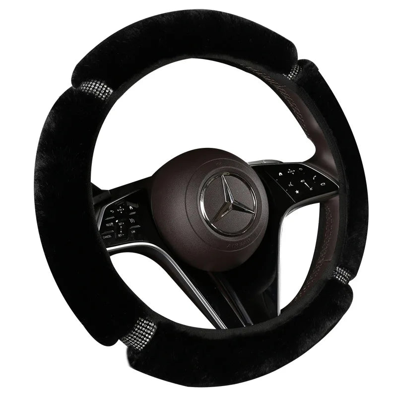 Winter plush car steering wheel cover with short plush diamond inlay and no inner ring anti slip car handle cover fit all car