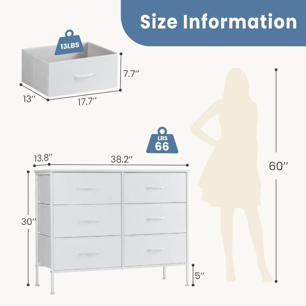 Dresser for Bedroom, Chest of Drawers, Closet Storage with 6 Drawers, Cloth Dresser Clothes Organizer Tower, White