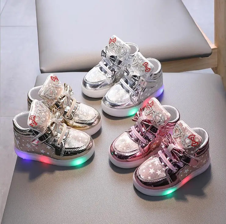 Spring Fashion Baby Girls Children Luminous Shoes Princess With Light Rhinestone Toddler LED Shoes Kids Glowing Sneakers