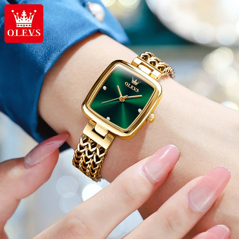 OLEVS Women Watches Elegant Quartz Wristwatch Stainless Steel Mesh Belt Gold Watch Square Dial Original Watch Bracelet Set Gift