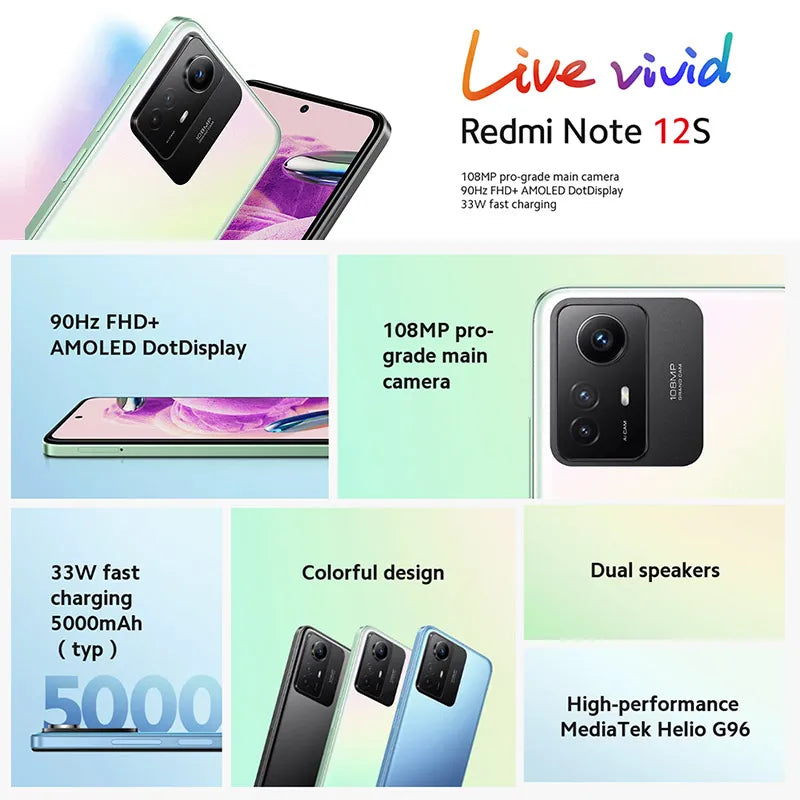 النسخة العالمية الجديدة من هاتف Xiaomi Redmi Note 12S بذاكرة وصول عشوائي (RAM) سعة 256 جيجابايت وذاكرة قراءة فقط (ROM) وشاشة AMOLED مقاس 6.43 بوصة وكاميرا بدقة 108 ميجابكسل ومعالج MTK Helio G96 وبطارية 5000 مللي أمبير في الساعة وتردد 90 هرتز