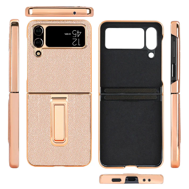 Vietao z flip5 Golden Plated genuine Leather mobile Phone Case for Samsung Galaxy Z Flip 3 5G 4 5 Case Cover with Hidden bracket