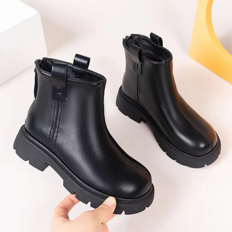 2023 New Brown Black Boys Short Boots Back Zipper Spring Autumn Chic Girls Leather Boots Non-slip Kids Shoes for Performance PU