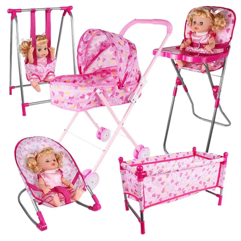 Simulation Doll Stroller Set Pink Baby Stroller Pretend Play Toys Nursery Role Play Doll House Furniture Set Doll Crib Cart Toys