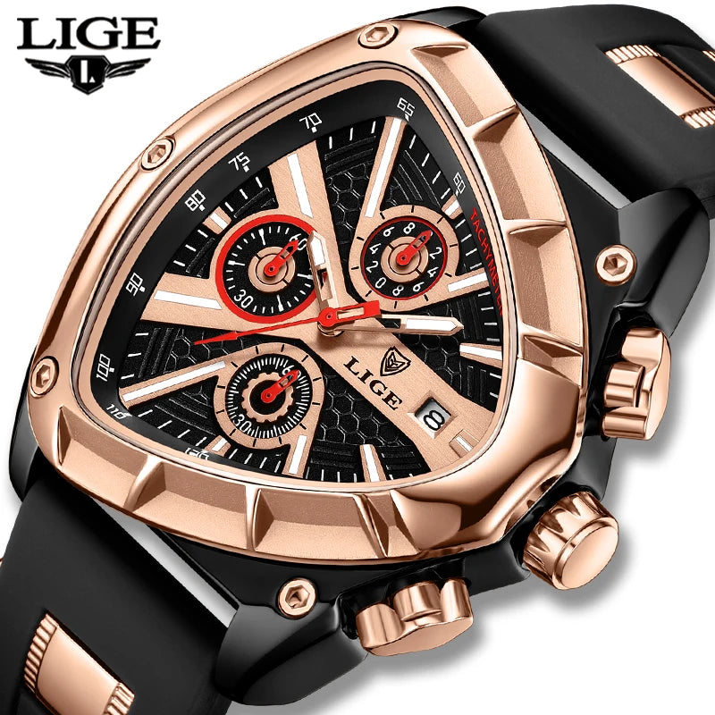 LIGE Fashion Triangle Men Watch Sport Army Mens Watches Luxury Waterproof Quartz Clock Man Chronograph Military Wristwatch Reloj