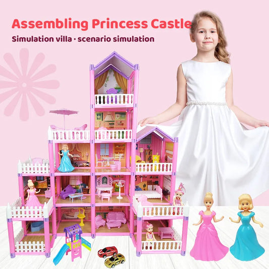 Princess Big Villa DIY Dollhouses Kit Pink Castle House Kit Assembled Doll House Toys Pretend Play Toys Christmas Birthday Gift