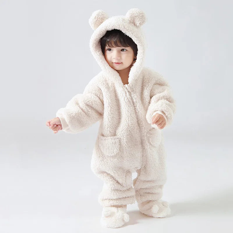 Newborn Overalls Baby Girl Boy Rompers Spring Autumn Warm Fleece Hooded Baby Coats Outfits