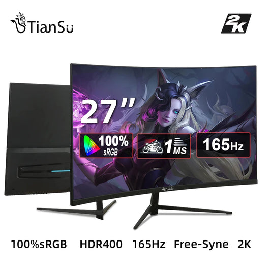 Tiansu Curved Monitor 27 inch 2K 144Hz/165Hz Display Computer Gaming Screen HDMI / DP 1MS-2MS-GTG HDR Resolution 2560*1440p