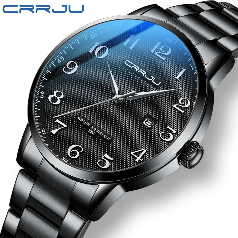 CRRJU Men Watch Stainless Steel Top Quailty Luxury Push Button Hidden Clasp Waterproof with Date Sport Wrist Watches