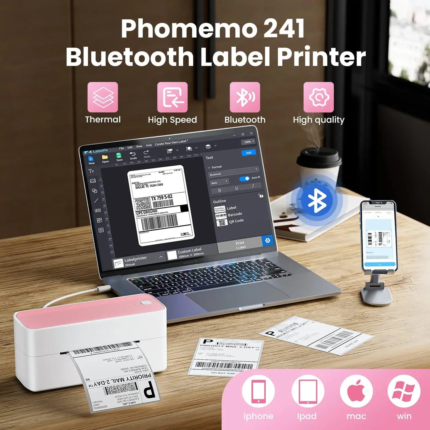 Bluetooth Thermal Label Printer 100mmx150mm Wireless Shipping Label Printer for Shipping Packages Small Business Phomemo 241 BT