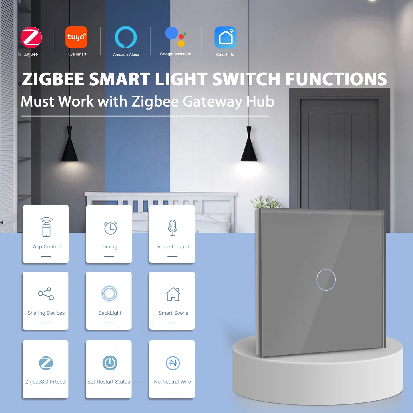 BSEED Smart Zigbee Switches 1/2/3Gang 1Way Intelligent Touch Light Switch Wall Sensor Switches Tuya Smart Life Google Alexa