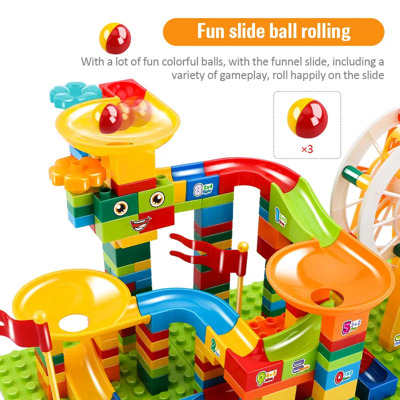 36-186 قطعة من مكعبات بناء سباق الرخام كبيرة الحجم مع مشاهد جسيمات وإضاءة LED وقمع وعجلة فيريس ولعبة مكعبات المدينة للأطفال