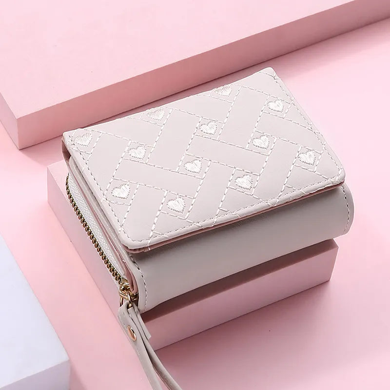 Wallets For Women Fashion PU Leather Embroidered Love Tri-fold Small Wallet Kawaii Cute Card Holder Multi-card Slot Coin Purses