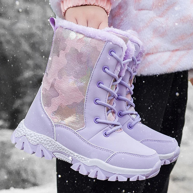 YISHEN Snow Boots For Girls Warm Plush Children's Boots Princess Shoes Warm Fur Antiskid Mid-calf Boots Child Winter Shoes Pink