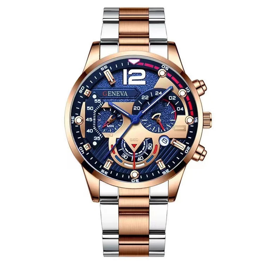 GENEVA New Fashion Watches Men Stainless Steel Top Brand Luxury Sports Chronograph Quartz Watch Men Clock Man Relogio Masculino