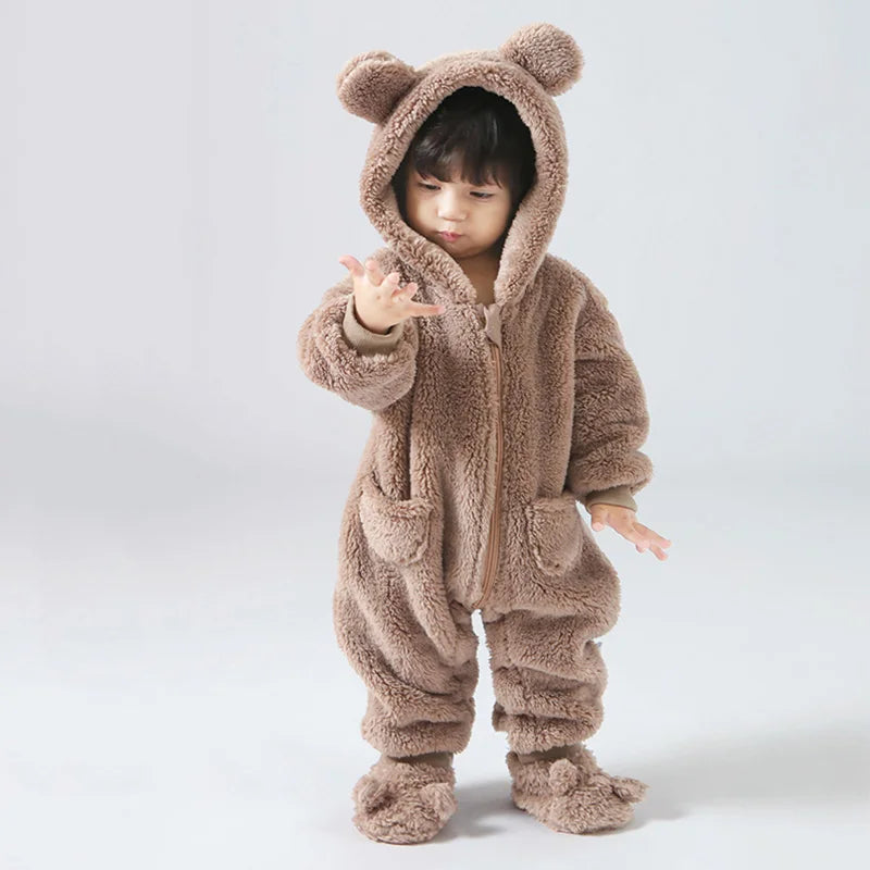 Newborn Overalls Baby Girl Boy Rompers Spring Autumn Warm Fleece Hooded Baby Coats Outfits