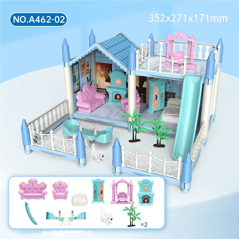 3D Princess Big Villa DIY Dollhouse casa muñecas Pink Castle Play House With Slide Yard Kit Assembled Doll House Kids Toys Gift