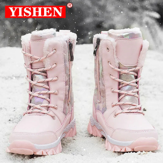 YISHEN Snow Boots For Girls Warm Plush Children's Boots Princess Shoes Warm Fur Antiskid Mid-calf Boots Child Winter Shoes Pink