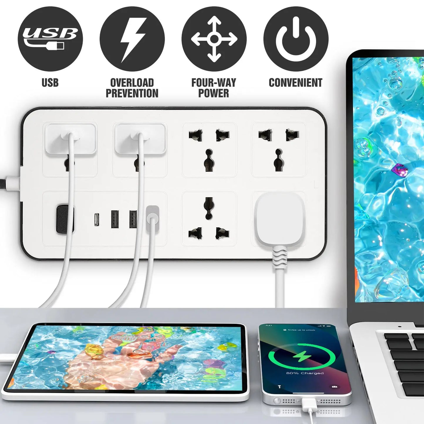 Flat Power Strip Extension Cable Multi Plug Outlet With USB Charging Ports UK Plug British Standard Panel Wiring Socket