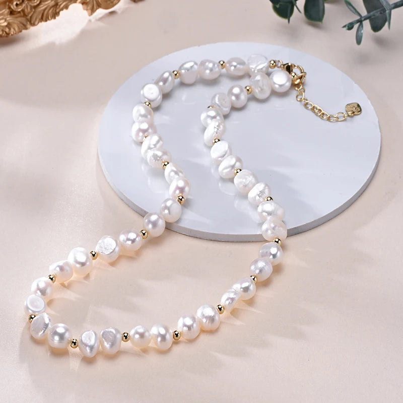 HENGSHENG Baroque Freshwater 8-9mm White Pearl With Small Gold Bead Necklace 925 Sterling Silver Jewelry Gift for Women Girls