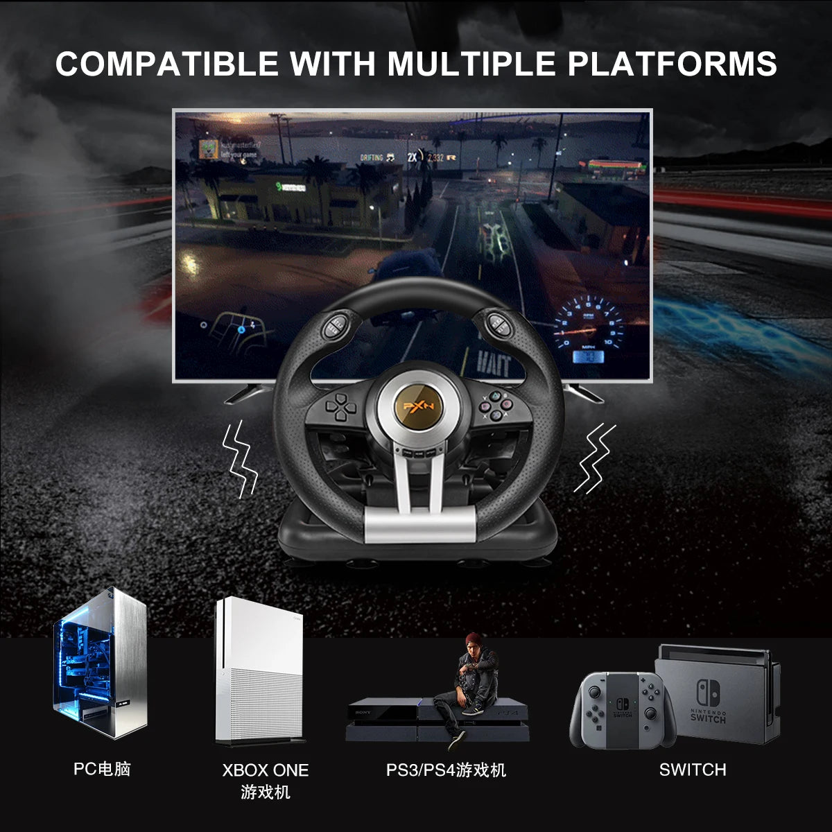 PXN V3 Pro Gaming Racing Wheel Volante PC Steering Wheel Racing Game 180° for PC Windows/PS3/PS4/Switch/Xbox One/Xbox Series X/S