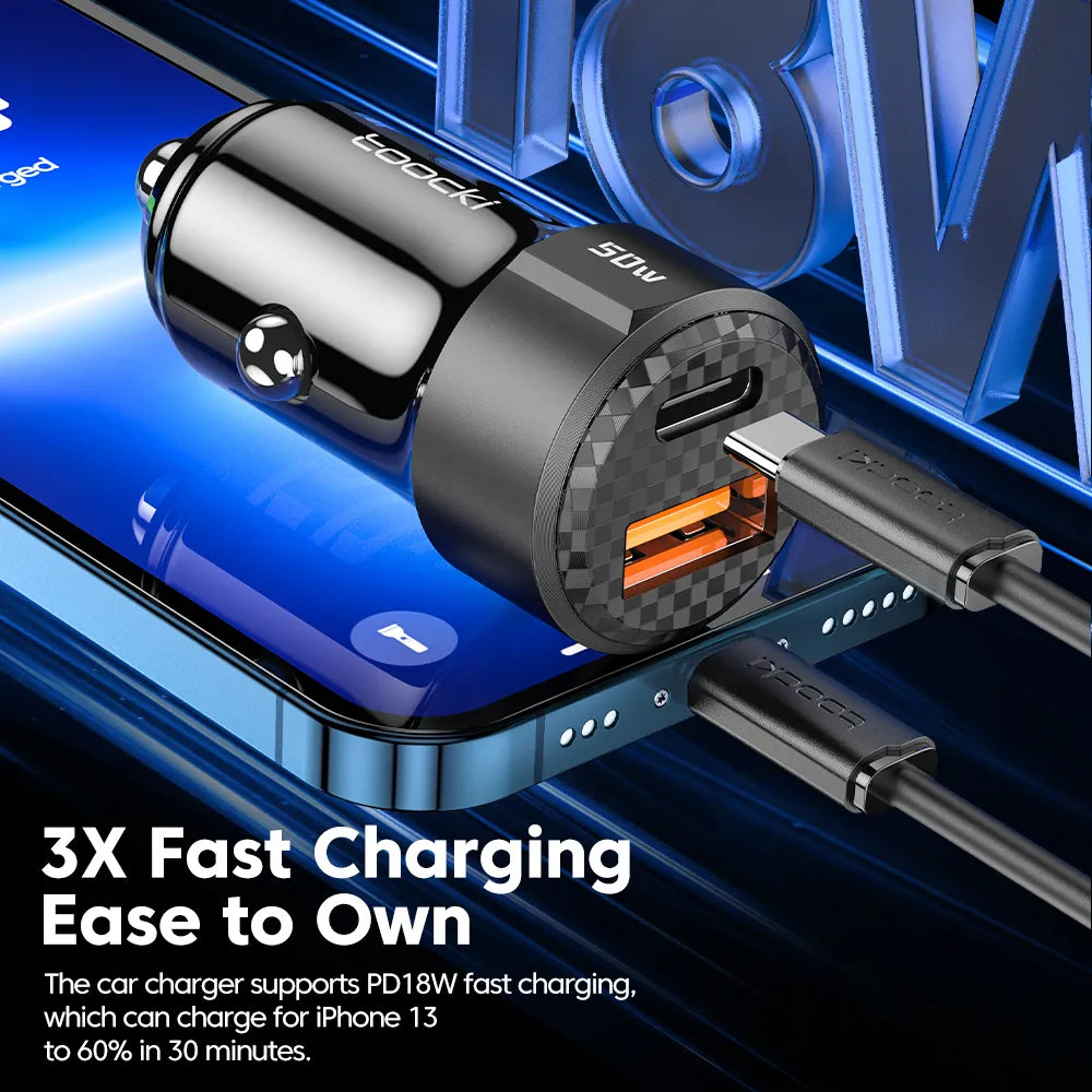 Toocki USB Car Charger Fast Charging 50W PD Type C Quick Charge USB C Car Phone Charger 12v 24v For iPhone 1413 12 Xiaomi 13 12