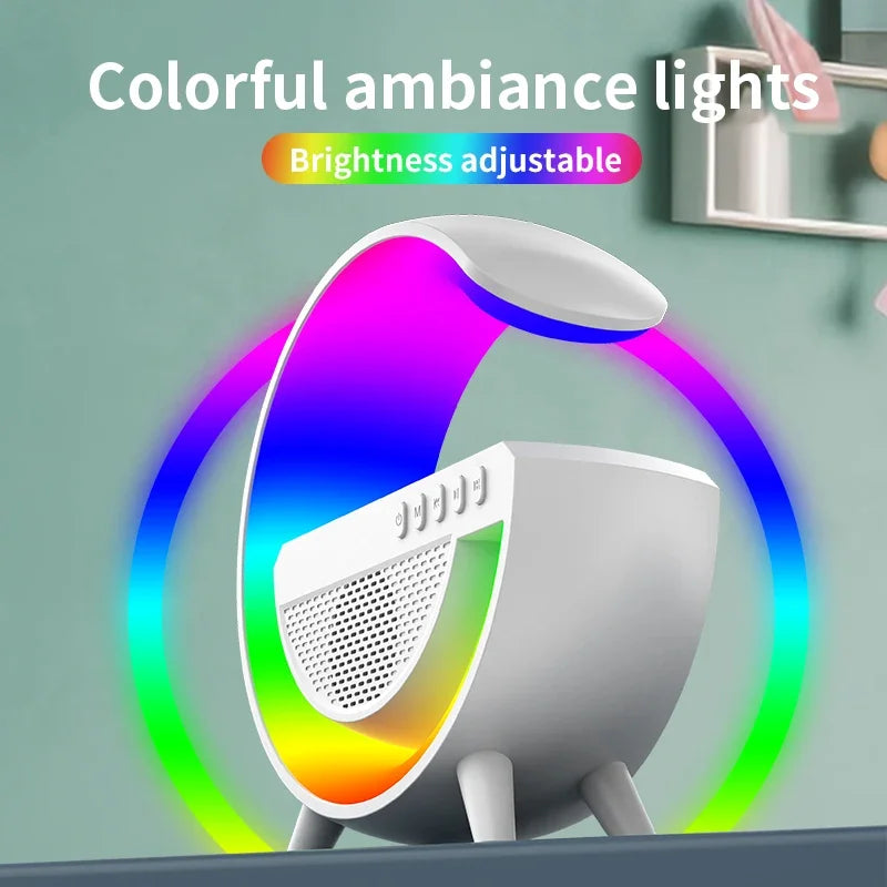حامل شاحن لاسلكي متعدد الوظائف مزود بإضاءة RGB وبطاقة FM وTF وUSB ومكبر صوت بلوتوث لأجهزة iPhone وXiaomi وSamsung ومحطة شحن سريعة