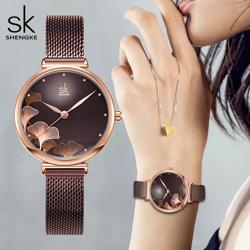 Shengke Watch For Women Creative Brown Mesh Band Women Watch Japanese Quartz Reloj Mujer Fashion Designer Serise Montre Femme