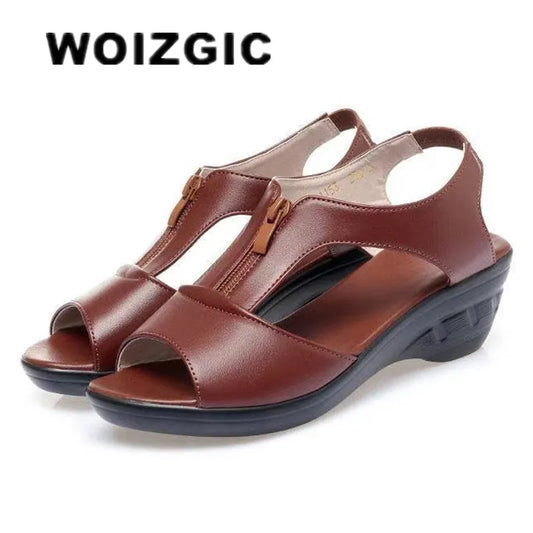 WOIZGIC Women Old Mother Laides Female Sandals Platform Shoes PU Leather Non Slip Beach Summer Cool Zipper Size 35-41 PGP-1153