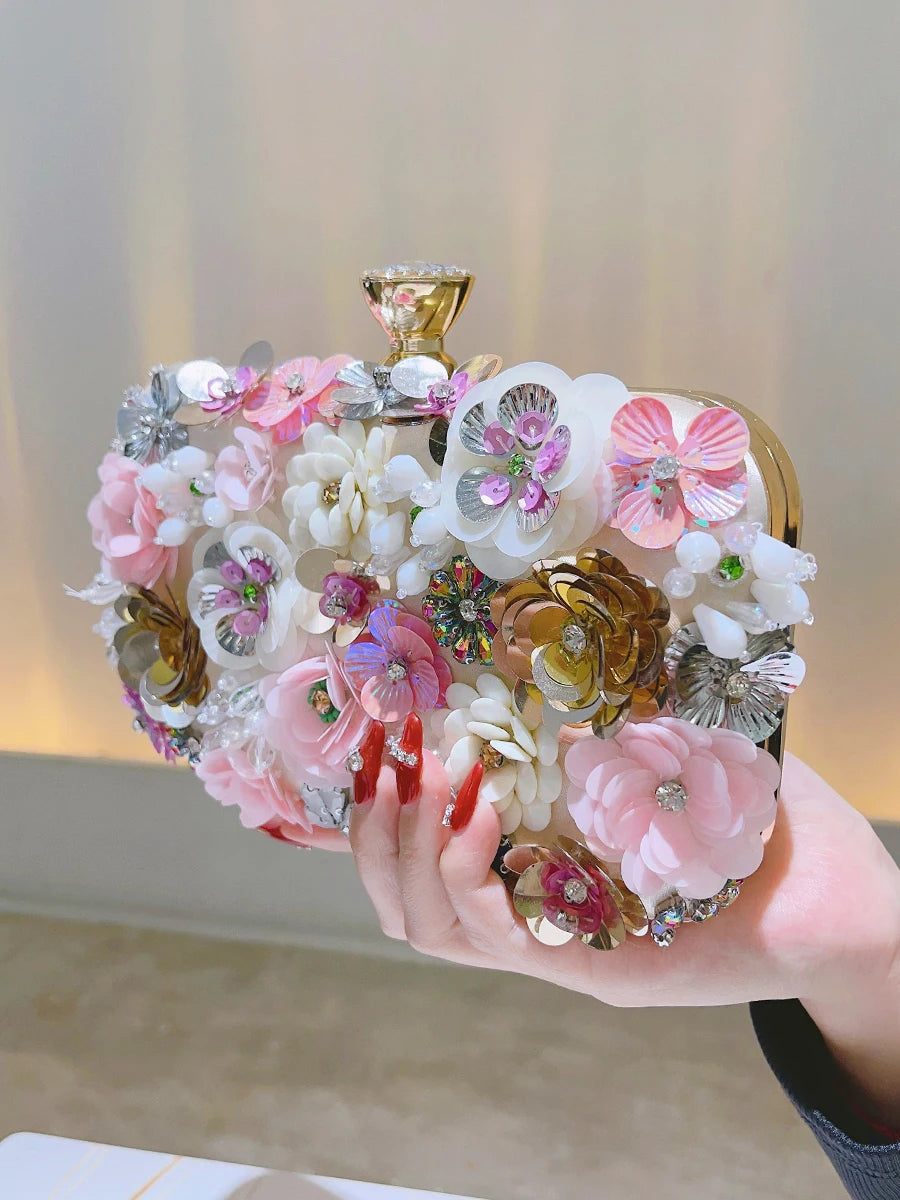 3D Beaded Flower Evening Bag, Elegant Box Clutch Purse, Women's Wedding Handbags For Party Prom