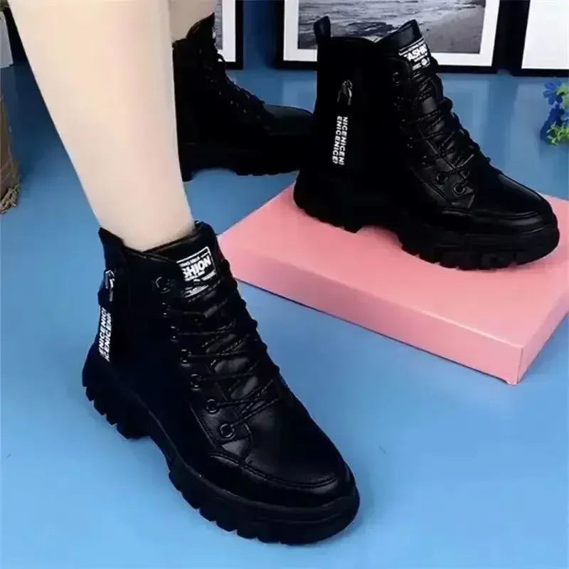 Women's Boots Black Lace Up Platform Ankle Boots Fashion Thick Sole Short s Female Warm Cotton Shoes Winter Snow  2024