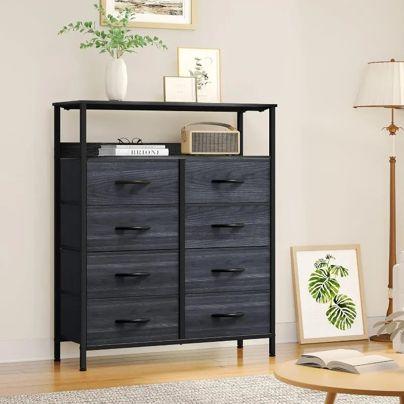 8-Drawer Fabric Dresser with Shelves, Furniture Storage Tower Cabinet, Organizer for Bedroom,, Easy Pull Fabric Bins(Black Grey)