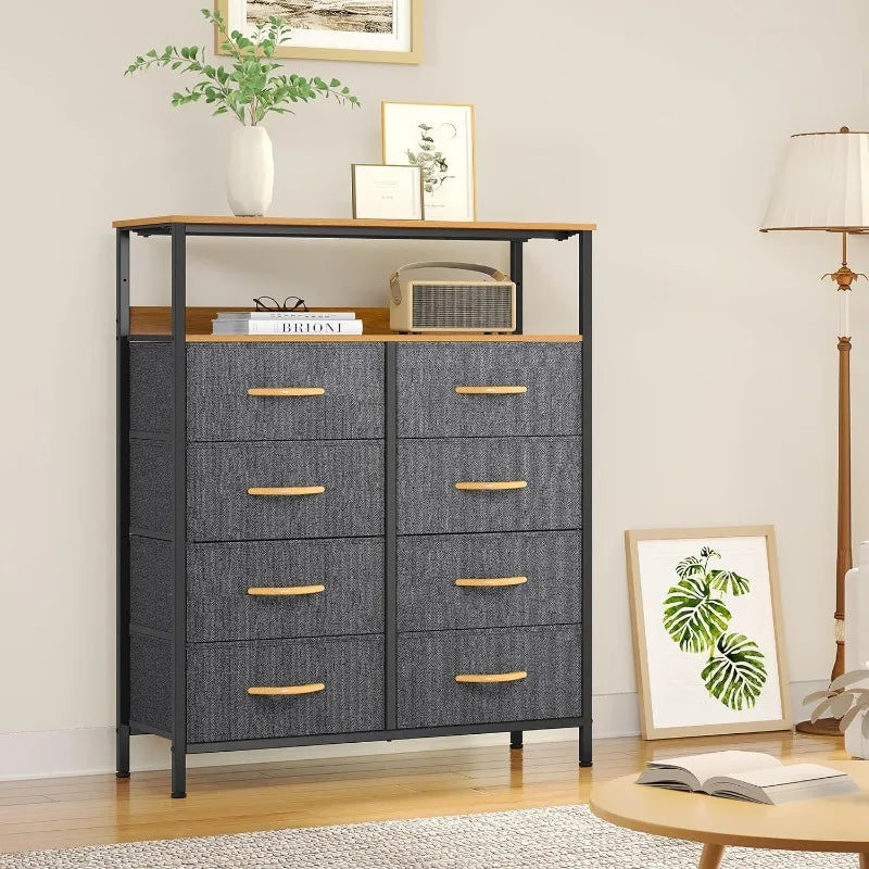 8-Drawer Fabric Dresser with Shelves, Furniture Storage Tower Cabinet, Organizer for Bedroom,, Easy Pull Fabric Bins(Black Grey)