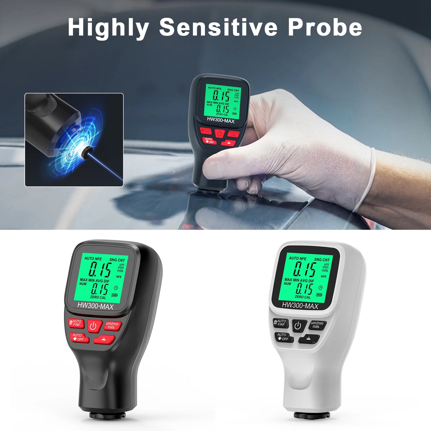 HW-300-MAX Coation Thickness Gauge 0-2000UM Car Paint Film Thickness Tester Car Coating Measuring Tools Automotive Paint Meter