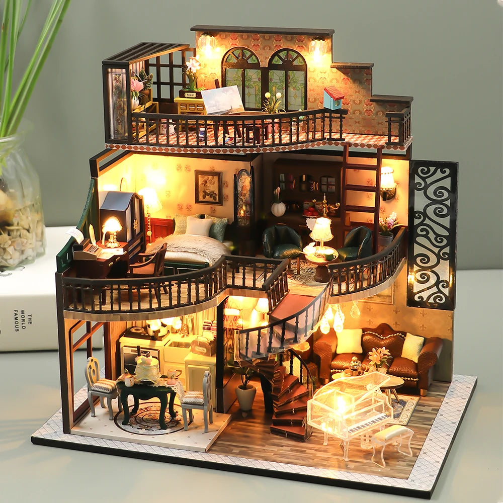 Doll house With dust cover casa Miniature Diy Wood Dollhouse Miniatures children toys girl Birthday Gifts diorama 1 24 M2132z