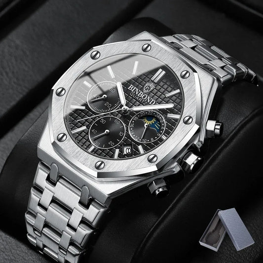 2023 BINBOND B0161 Top box Brand Man Casual Quartz Watch Luxury Luminous Wristwatch Stainless Steel Waterproof Men Clock