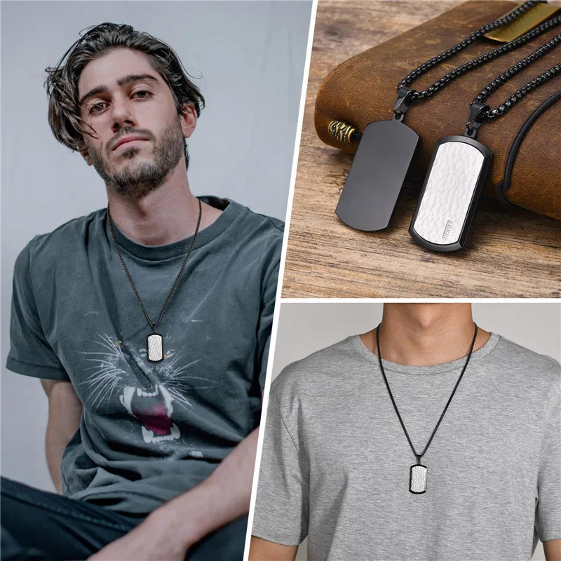 KOTiK Stylish Hammered Dog Tag Necklace for Men Punk Vintage Stainless Steel Square Collar Birthday Christmas Gifts