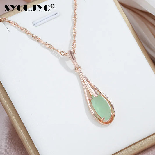 SYOUJYO Green Emerald Natural Zircon Drop Pendant Necklace For Women 585 Rose Gold Color Vintage Fine Jewelry Luxury Necklace