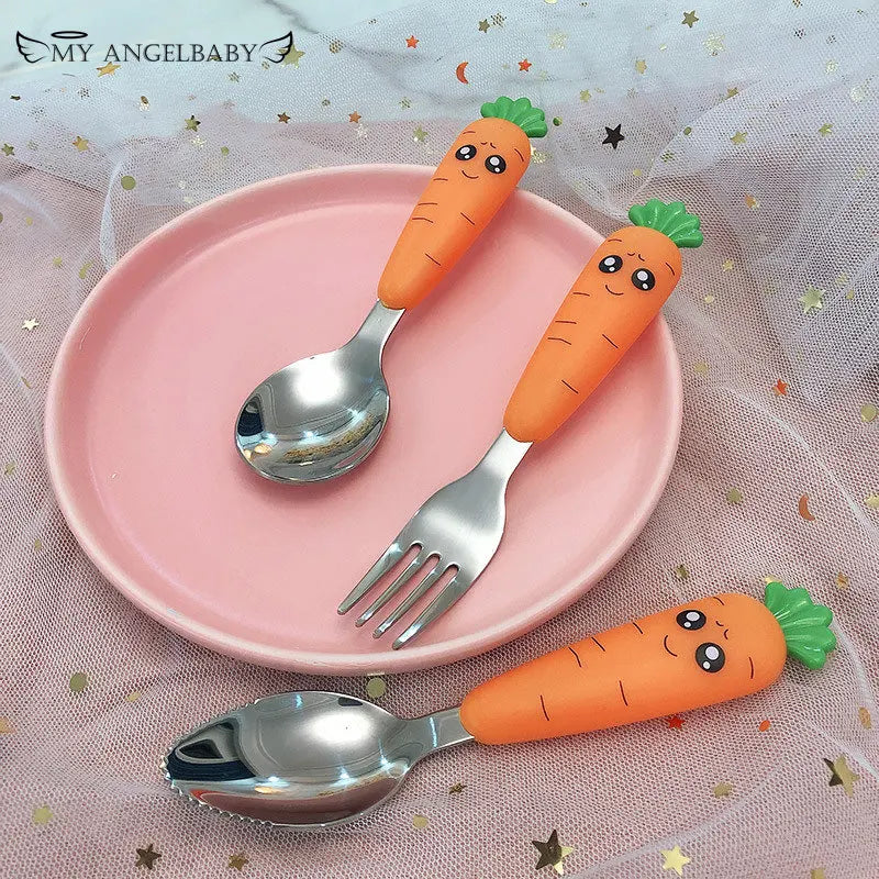 Baby Gadgets Tableware Set Children Utensil Stainless Steel Toddler Dinnerware Cutlery Cartoon Infant Food Feeding Spoon Fork