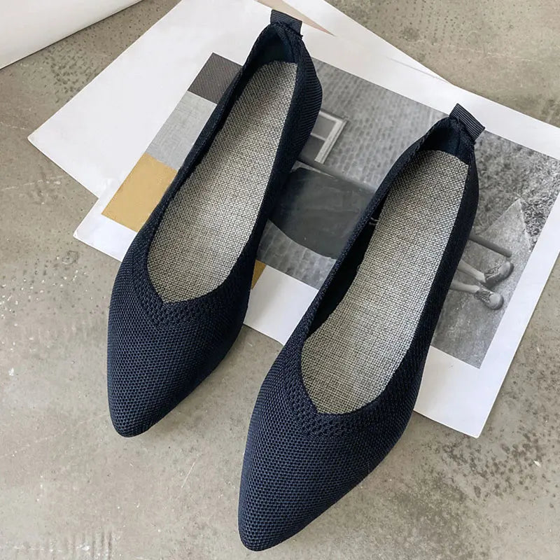 Solid Color Pointed Toe Shallow Women Flats Shoes Mesh Loafers Soft Bottom Knit Ballet Flats Shoes Lazy Slip on Boat Shoes