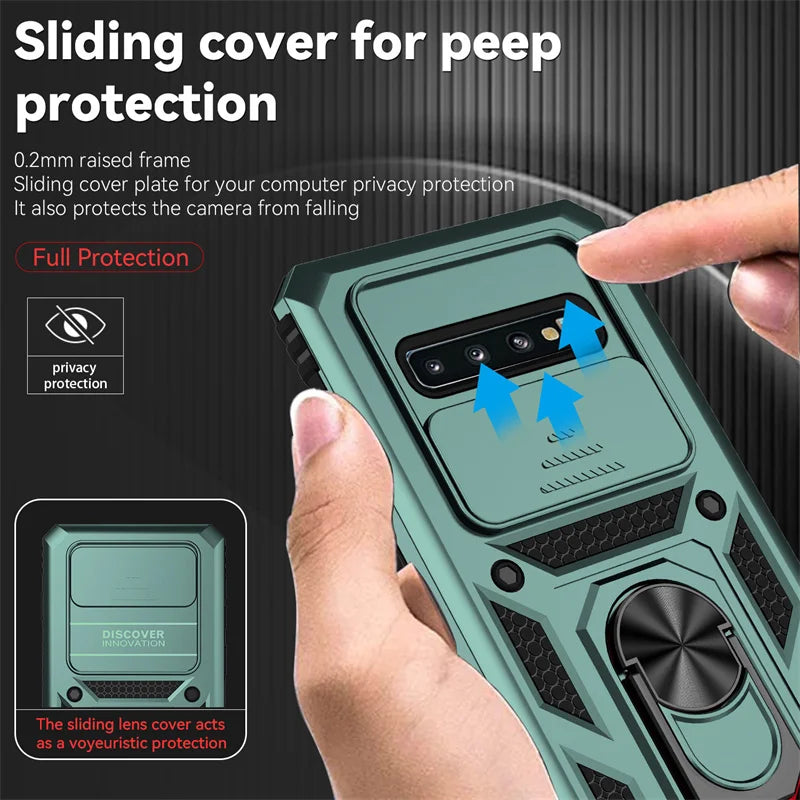 Samsung Galaxy S10 Plus Case Shockproof Armor Slide Camera Protect Phone Case For Samsung S 10 S10+ Plus Ring Holder Cover